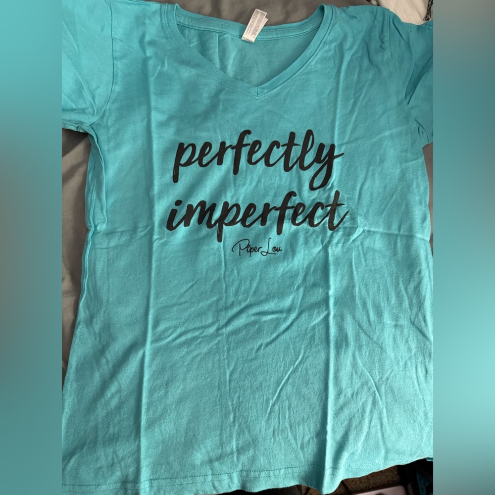 Blue Short Sleeve T-Shirt with Black Text “Perfectly Imperfect”